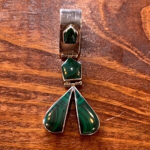 Vintage Taxco Mexico Sterling Silver Malachite Geometric Dangle Pendant